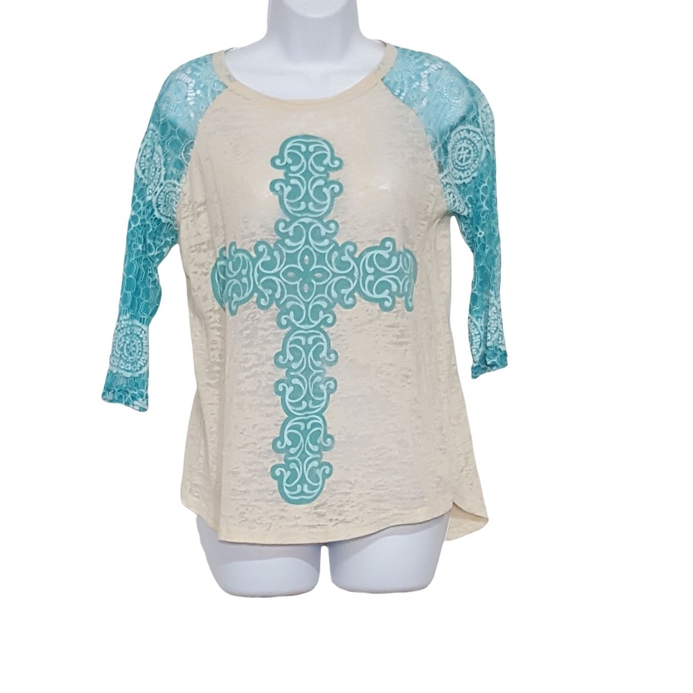 Southern Grace Sheer Burnout Top M Womens Blue Cross 3/4 Lace Sleeve